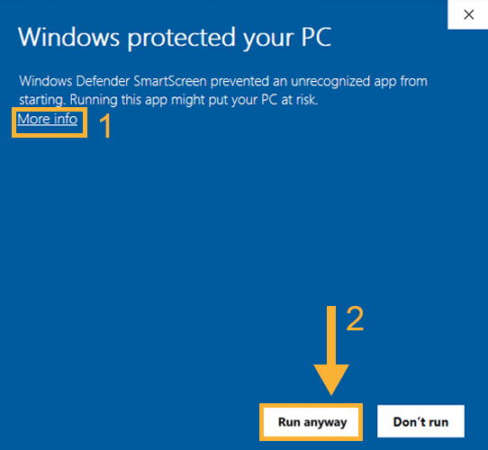 Windows Defender SmartScreen prompt showing More info and Run anyway